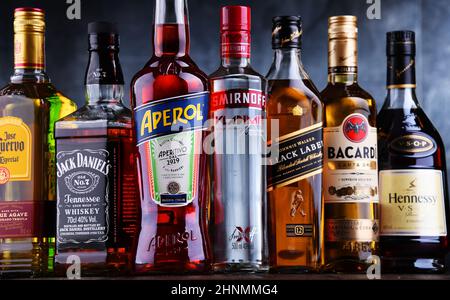 Bottles of assorted global liquor brands Stock Photo