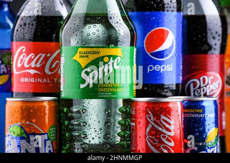 Bottles of global soft drink brands Stock Photo