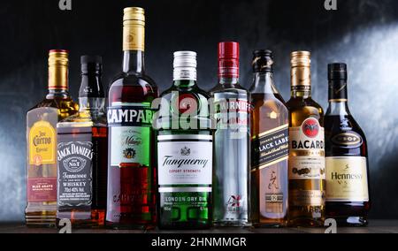 Bottles of assorted global liquor brands Stock Photo