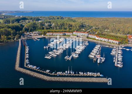 Weiße Wiek holiday resort at Boltenhagen along the Baltic Sea showing hotels and sailing boats in marina, Mecklenburg-Vorpommern, Germany Stock Photo