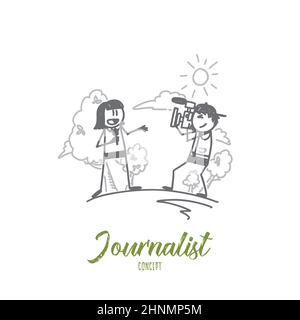 Journalist concept. Hand drawn journalist and operator. Correspondent making news isolated vector illustration. Stock Photo