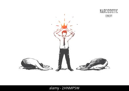 Narcissistic concept. Hand drawn narcissistic man with crown on head. Male person in white shirt and people worships to him isolated vector illustrati Stock Photo