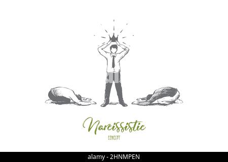 Narcissistic concept. Hand drawn narcissistic man with crown on head. Male person in white shirt and people worships to him isolated vector illustrati Stock Photo