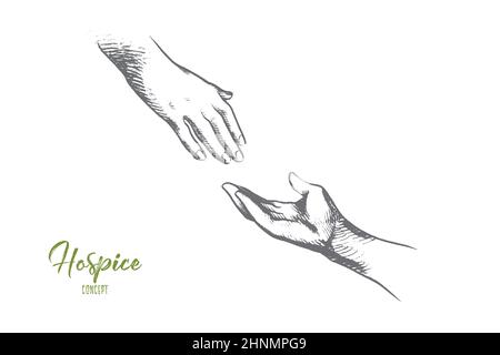 Hospice concept. Hand drawn one person ready help to another. Hand holding elder hand in hospice care isolated vector illustration. Stock Photo