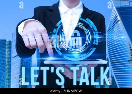Writing displaying text Let S Talk, Conceptual photo they are suggesting beginning conversation on specific topic Hand Pressing Screen Of Mobile Phone Stock Photo