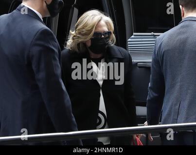 New York, United States. 17th Feb, 2022. Former Democratic presidential candidate Hillary Clinton walks by a group of protesters when she arrives at the New York State Democratic Committee 2022 State Nominating Convention at the Sheraton New York Times Square on Thursday, February 17, 2022 in New York City. Photo by John Angelillo/UPI Credit: UPI/Alamy Live News