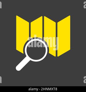 Map with magnifier vector icon on dark background. Navigation sign ...