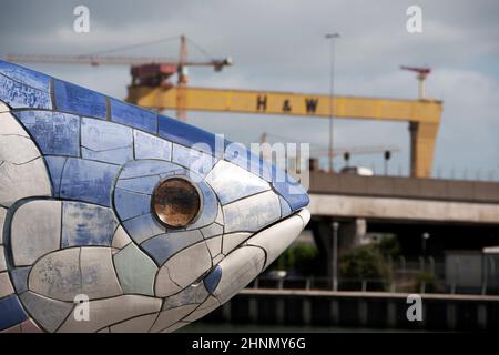Salmon of Knowledge Big Fish Donegall Quay in Belfast with Harland Wolff crane Stock Photo
