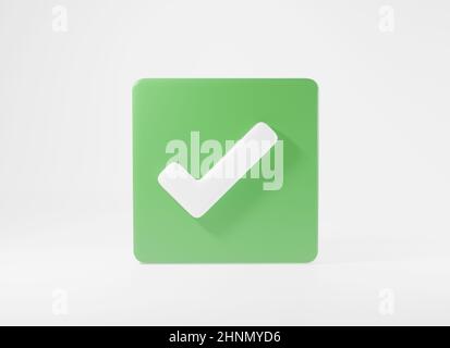 Green tick check mark symbols icon element. Yes shape button for correct sign in square approved, Simple mark graphic design on white background, righ Stock Photo