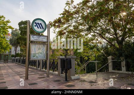 Evangelismos Metro station sign in Athens, Greece. Stock Photo