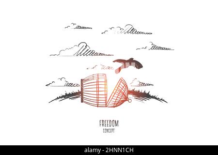 Freedom concept. Hand drawn bird escaping from the prison. Cell broken isolated vector illustration.