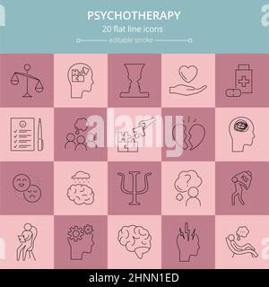 Psychotherapy and psychology line icon set. Simple thin outline pictogram collection. Mental health elements. Anxiety, group therapy, mood disorder, d Stock Photo