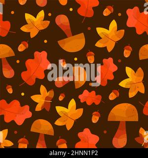 Seamless autumn pattern with acorn, leaves of maple and oak, mushrooms. Colorful background in red, brown , orange colors. Beautiful backdrop for wrap Stock Photo