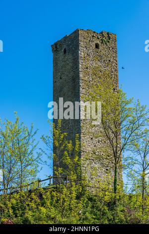 Old medieval tower in the village of Castelletto d'Erro in Piedmont Stock Photo