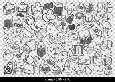 Handbags doodle set. Collection of hand drawn sketches templates of backpacks suitcase and luggage for travelling and tourism on transparent backgroun
