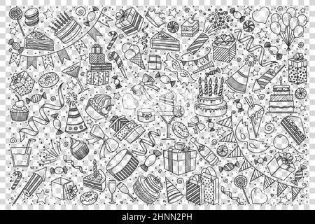 Holiday doodle set. Collection of hand drawn sketches templates of birthday party celebration congratulation and gifts giveaway. Happy lifestyle and f Stock Photo