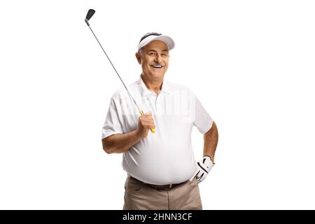 Mature man smiling and holding a golf club isolated on white background Stock Photo