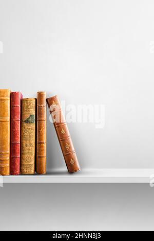 Row of old books on white shelf. Vertical background Stock Photo