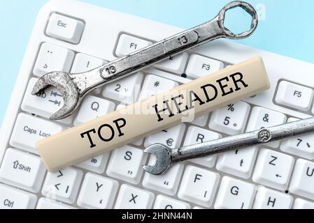 Writing displaying text Top Header. Business approach text at the top of a page in an electronic document or hard copy Formatting And Compiling Online Datas, Abstract Editing Spreadsheet Stock Photo