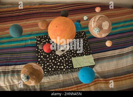 top view of scale model of solar system homework Stock Photo