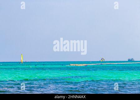 Boats yachts between Cozumel island and Playa del Carmen Mexico. Stock Photo