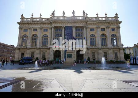 TURIN, ITALY - AUGUST 21, 2021: facade of Palazzo Madama is a palace in Turin seat of the first Senate of the Kingdom of Italy currently art museum Stock Photo