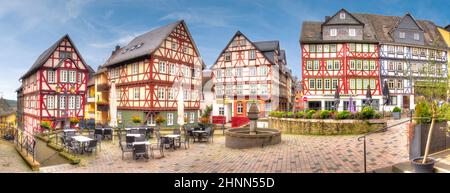 A square with half-timbered buildings in the old town of Wetzlar, Hesse Stock Photo