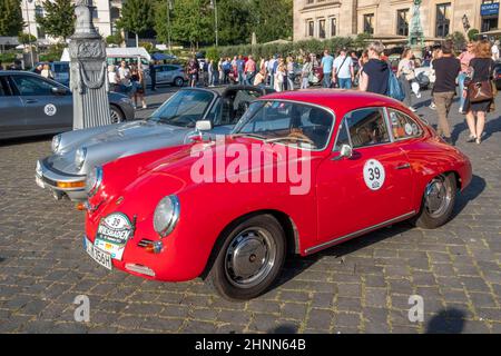 the Porsche 356 SC reaches the final goal  of the Oldtimer ralley Wiesbaden in Wiesbaden after a challenge in the Rheingau, Germany. Stock Photo
