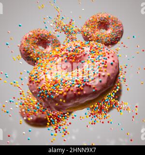 Flying sweet donuts with sprinkels on grey background Stock Photo