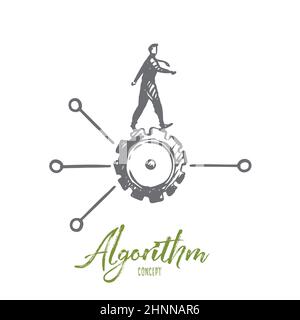 Algorithm, data, user, element, software concept. Hand drawn man on cogwheel and scheme concept sketch. Isolated vector illustration. Stock Photo