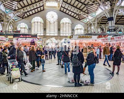 inside of the Central Market of Valencia, also known as Mercat Central, or Mercado Central, in the city of Valencia in Spain. Stock Photo