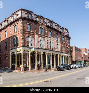 ortland Old Port is filled with 19th century brick buildings. The woodman building is typical for the 19th century victorian brick style Stock Photo