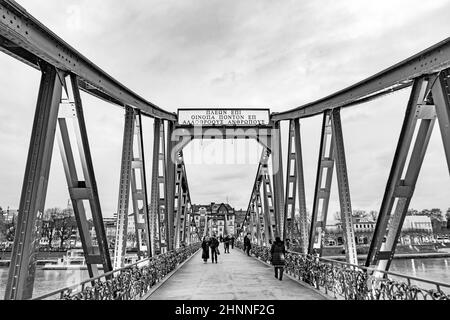 pedestrian bridge crossing river Main called iron Bridge (eiserner Steg) in Frankfurt Stock Photo