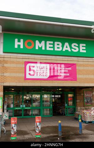 Front entrance of UK DIY chain Homebase showing company logo taken in St John's Retail Park in Wolverhampton Stock Photo