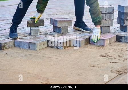 laying paving slabs on the sand with your hands Stock Photo