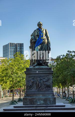 Statue of Johann Wolfgang von Goethe in Frankfurt am Main with flag of european union, Germany Stock Photo