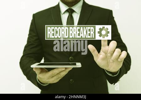 Hand writing sign Record Breaker, Word Written on someone or something that beats previous best result Presenting New Technology Ideas Discussing Tech Stock Photo