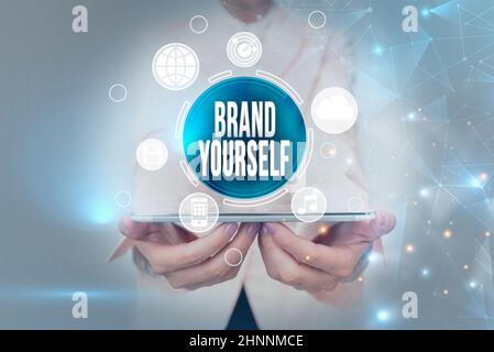 Text showing inspiration Brand Yourself, Business overview Develop a unique professional identity Personal product Business Woman Touching Futuristic Stock Photo