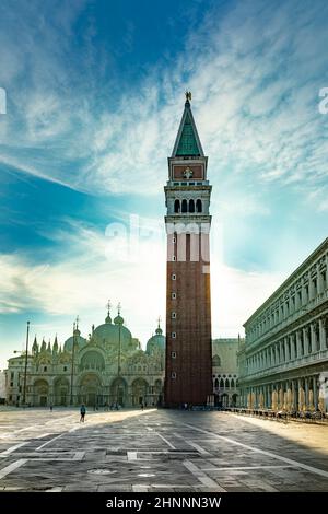view to St. Mark's square in early morning with campanile and cathedral Stock Photo