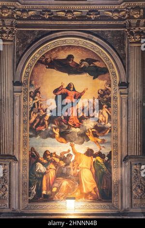 Titian, Assumption Of The Virgin, Church Of Santa Maria Gloriosa - The Assumption Painting, Venice, Italy. Stock Photo
