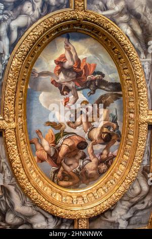 The chamber of the great council at the Doge Palace with Ceiling painting in detail. Stock Photo