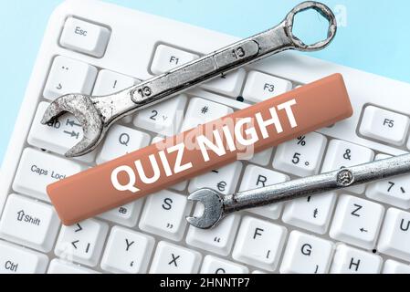 Hand writing sign Quiz Night. Business showcase evening test knowledge competition between individuals Abstract Fixing Outdated Websites, Maintaining Internet Connection Stock Photo