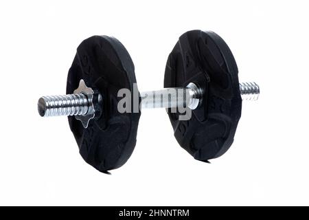 Metal dumbbell with black pancakes and chrome fingerboard on a white insulated background Stock Photo