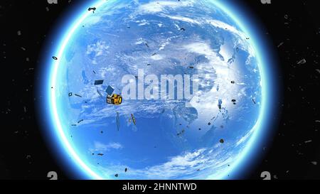 Space debris from defective satellite due to orbital collisions and small parts from space flights fly in orbit of the earth - 3d illustration Stock Photo