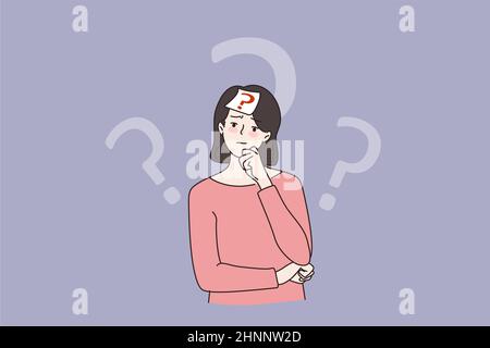 Doubtful pensive young woman with sticker note on forehead with question mark. Stressed unsure girl thinking making decision solving problem. Dilemma