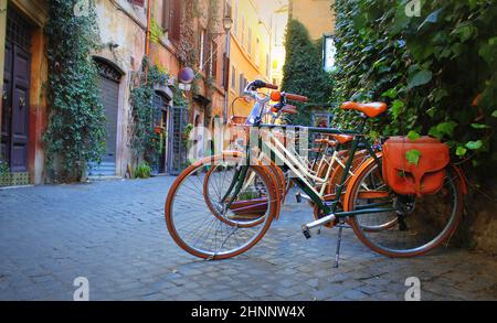 Bicycle standing in front of store on old street of Rome .