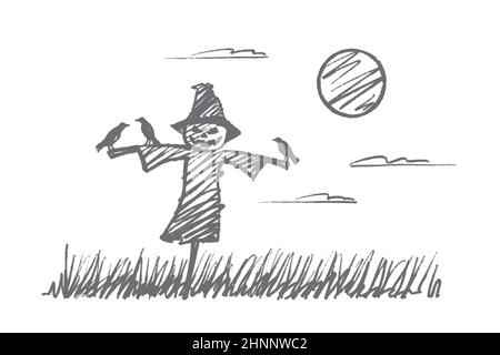 Vector hand drawn Halloween concept sketch. Scarecrow made of sticks and pumpkin with scary face and little crows sitting on its hands during full moo Stock Photo