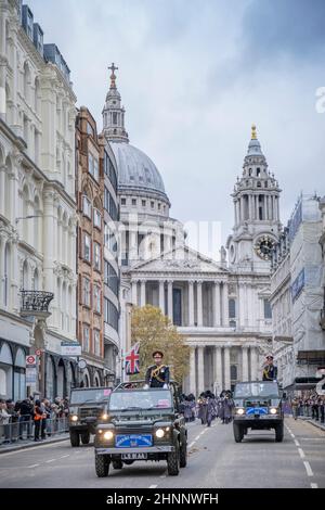 UK, England, London, City of London, Marching band of the Queens Guard Household Division, Foot Guards and army vehicles, the Lord Mayor's Show 2021 Stock Photo