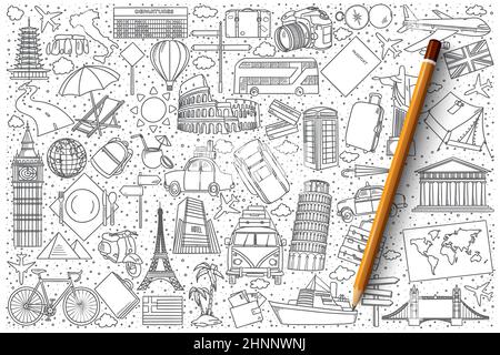 Hand drawn set of travel vector doodles Stock Photo