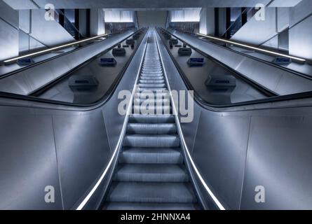UK, England, London, escalator in the interior of Battersea Power tube station Stock Photo